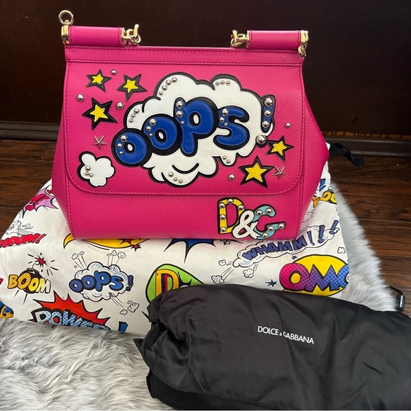 DOLCE & GABBANA Dauphine Oops Patch Medium Miss Sicily Satchel Rosa Geranio EUC - Picture 7 of 13